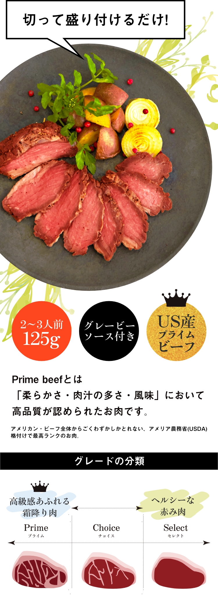Prime beefとは「柔らかさ・肉汁の多さ・風味」において高品質が認められたお肉です。